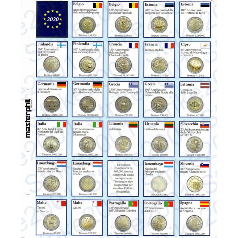 Kit foglio plastificato 2 euro commemorativi anno 2020 euro junior