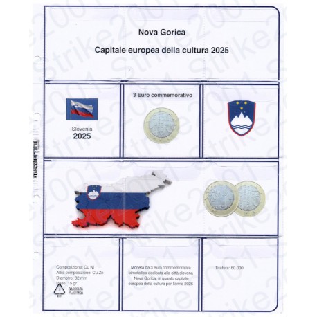 Kit Foglio 3 Euro Comm. Bimetallico Slovenia 2025 Nova Gorica